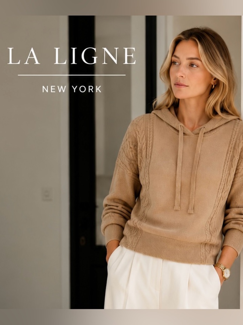La Ligne New York Merino Wool Cable Knit Sleeve Hoodie Sweater XS Camel Beige